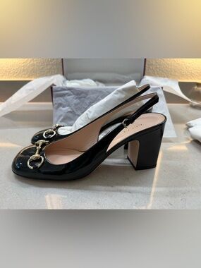 Gucci 42mm Black Patent Leather Slingback Block Heel Pumps with Gold Hardware